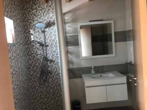 São Domingos卡萨斯莫阿根乡村民宿的浴室配有盥洗盆和带镜子的淋浴
