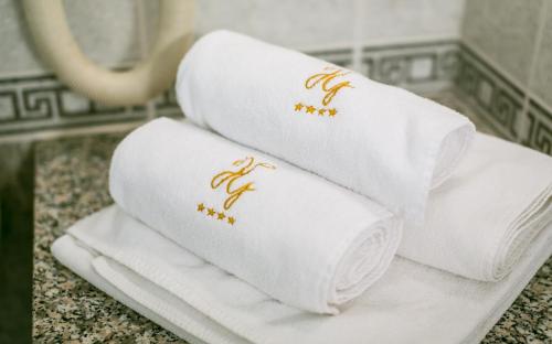 塔塔Hotel Gottwald的浴室的台面上堆着毛巾