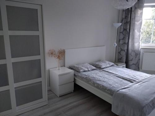 波兹南RiC Apart - Apartament Mostowa, centrum Poznań - parking - klimatyzacja的白色的卧室设有床和窗户