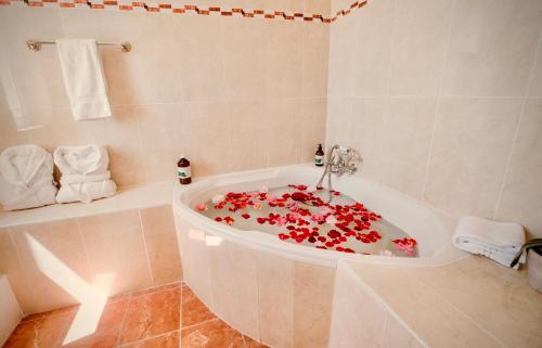 阿维桑Château Meyre的浴室配有装满红花的浴缸。