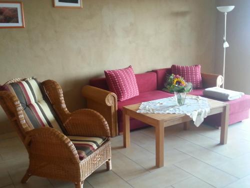 SchönebergFerienhof am Nationalpark的客厅配有粉红色的沙发和两把椅子