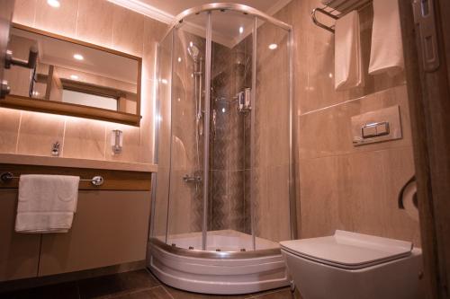 恰纳卡莱Hotel Kale 17的带淋浴和卫生间的浴室