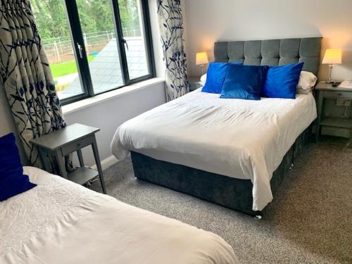 戈里Railway Country House的一间卧室配有一张带蓝色枕头的床和一扇窗户。