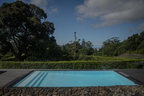 蓬塔德尔加达Quinta dos 10的花园中的一个游泳池