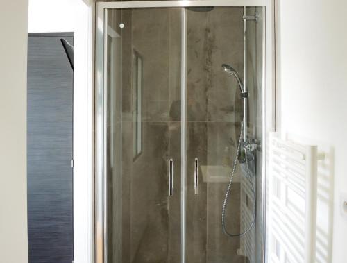 亚眠Les Chambres du Verger的浴室里设有玻璃门淋浴