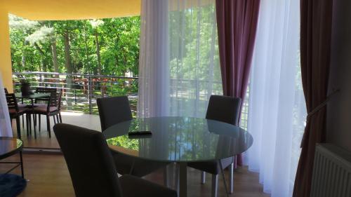 波别罗沃Apartamenty Kornel的窗户房间里玻璃桌子和椅子