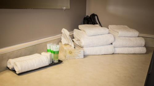 Mayo LandingBedrock Motel的一堆毛巾和一堆卫生纸