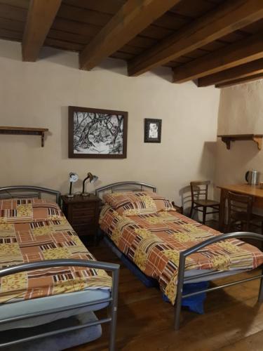 捷克克鲁姆洛夫Hostelskippy的一间卧室配有两张床和一张桌子及椅子