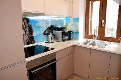 皮兰Apartments ELA的厨房设有水槽旁的鱼缸