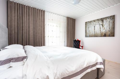 维尔扬迪Lakeview beach apartment in Viljandi的白色的卧室设有一张大床和一个窗户