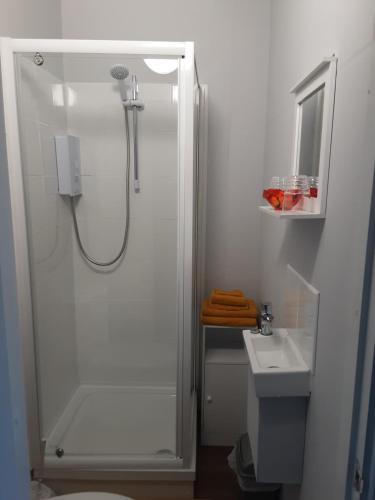 布莱克浦Atlantic cottage的带淋浴和盥洗盆的白色浴室