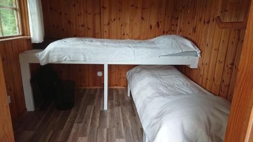 东哈尔马Liten enklare klimatsmart stuga i Roslagen的小屋内带两张双层床的客房