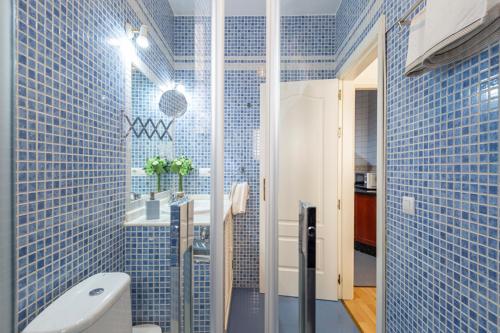 塞维利亚Homefeel Museo的蓝色瓷砖浴室设有卫生间和水槽