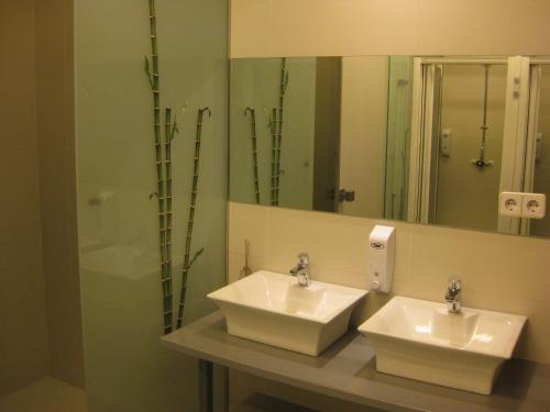 圣地亚哥－德孔波斯特拉albergue SANTO SANTIAGO的浴室设有2个水槽和镜子