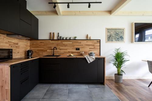 扎科帕内Mount Apart Center的厨房配有黑色橱柜和木墙