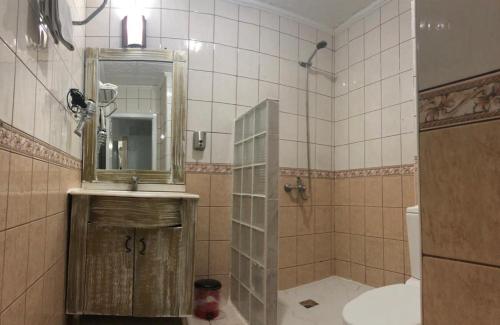 安卡拉Antik Otel的设有带镜子和水槽的淋浴的浴室