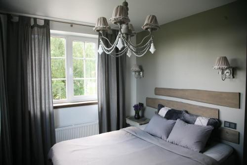 艾纳日Pļavas的一间卧室配有一张带吊灯和窗户的床。