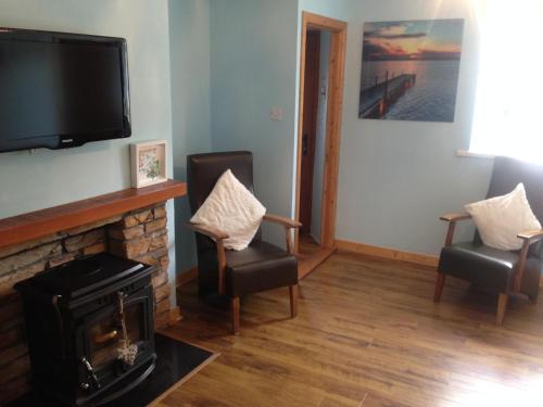 莫纳汉Glaslough Ramblers Rest的客厅设有壁炉和平面电视。