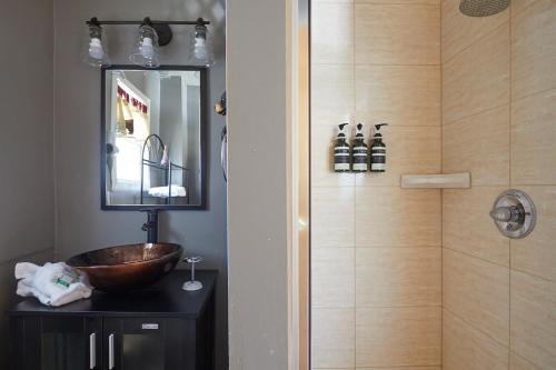 大熊湖莱克伍德小屋旅馆的一间带水槽和木碗淋浴的浴室