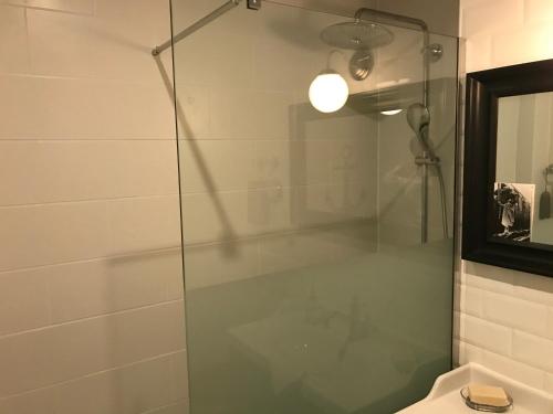 莱比锡Komfortwohnung Leipzig Zentrum-Nord的一间带卫生间的浴室内的玻璃淋浴间