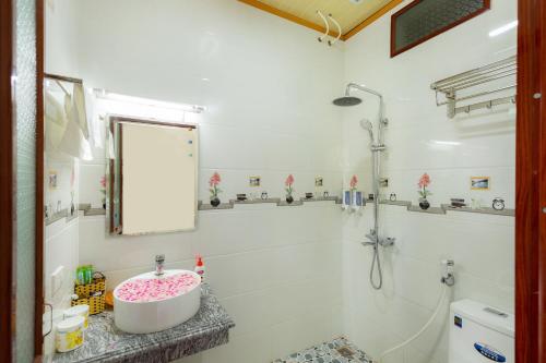 宁平Tam Coc Lotus Flower Homestay的一间带水槽和淋浴的浴室