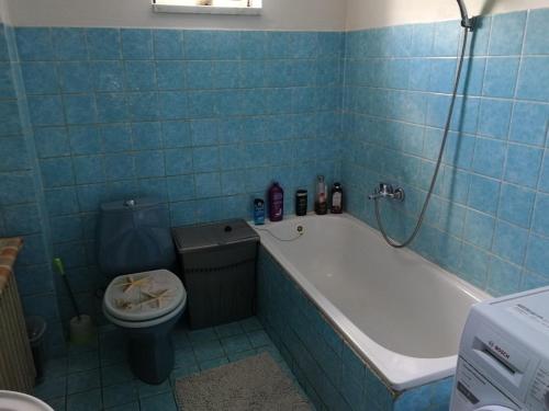洛克特乌克布酒店的蓝色的浴室设有浴缸和卫生间。
