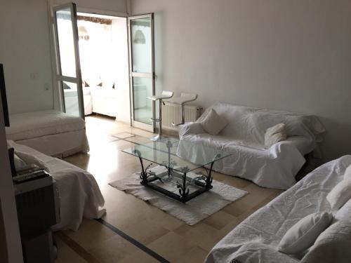 Boumhel El BassatineBelaire host appartment的带沙发和玻璃桌的客厅
