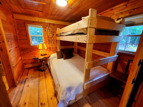 海伦Lil' Log at Hearthstone Cabins and Camping - Pet Friendly的小木屋内一间卧室(带双层床)