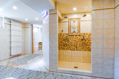 Sankt Peter-FreiensteinHotel Freiensteinerhof Superior的大型浴室设有淋浴,墙上设有时钟