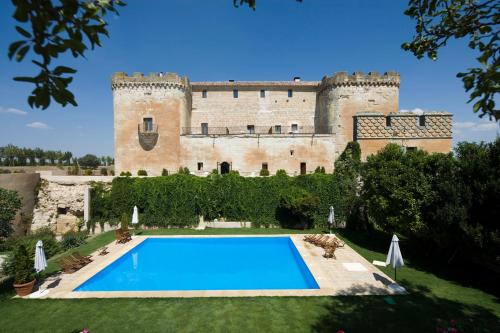 维兰涅瓦-德卡涅多真爱城堡酒店的享有城堡的外部景色,设有游泳池