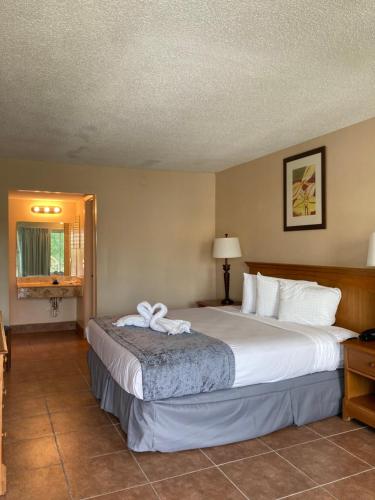 奥兰多Altamonte Springs Hotel and Suites的酒店客房设有一张大床,上面有弓