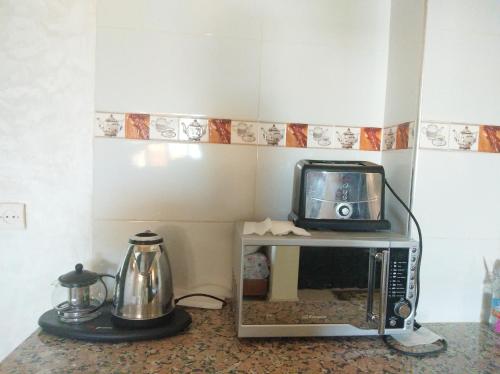丹吉尔Hôtel Marrakech的微波炉,位于带水壶的柜台上方