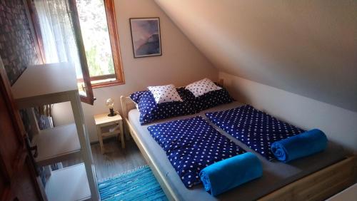 杜瑙保陶伊Relax II. Vendégház的一间卧室配有一张带蓝色和白色枕头的床