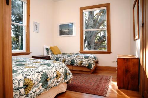 纳尔逊Elegant Villa Nestled In The Trees的一间卧室设有两张床和两个窗户。