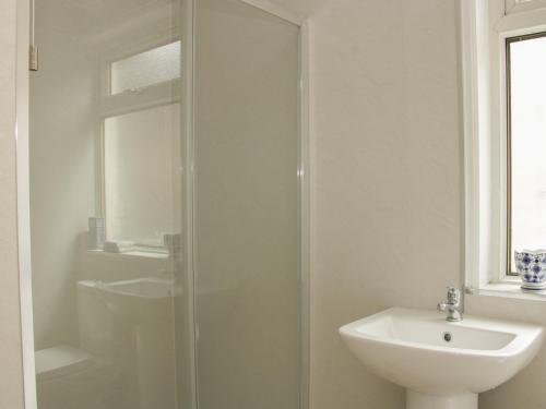 兰戈伦Whitewater Cottage的带淋浴和盥洗盆的白色浴室