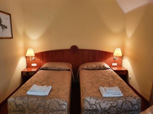 Brześć KujawskiFalborek Noclegi的酒店客房设有两张床和两盏灯。