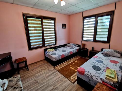 Byala Ruse克沙莱特旅馆的配有粉红色墙壁和窗户的客房内的两张床