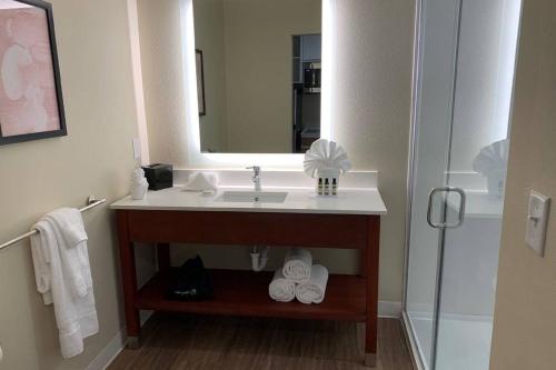 莫纳汉斯Hawthorn Extended Stay by Wyndham Monahans的浴室设有水槽、镜子和淋浴