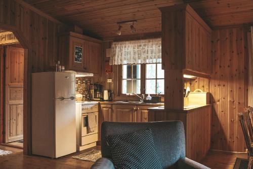 TuddalSjoaasen Hytte的厨房设有木墙和冰箱。