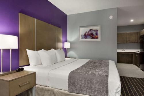 奥德萨Days Inn by Wyndham Odessa的酒店客房设有一张大床和紫色的墙壁。