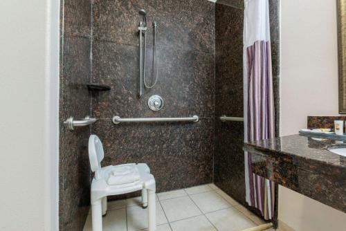 橙县奥兰治拉金塔旅馆&套房酒店的带淋浴、卫生间和盥洗盆的浴室
