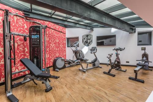 夏蒙尼-勃朗峰伊莎贝尔酒店的健身房,配有跑步机和有氧运动器材