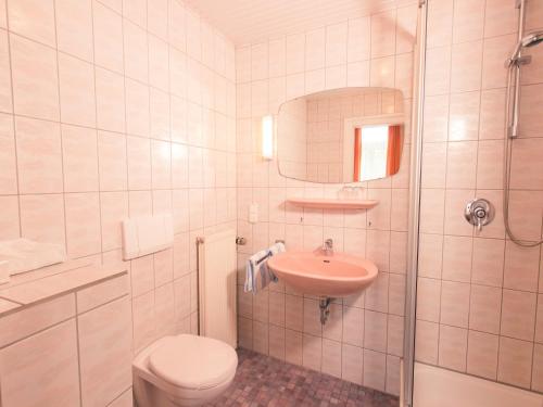 莱茵河畔的宾根Rheinhotel Starkenburger Hof的一间带卫生间和水槽的浴室