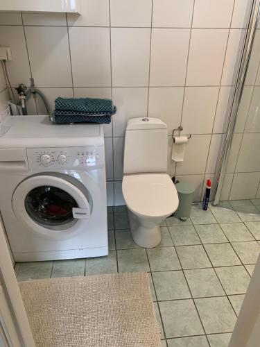 斯特伦斯塔德Lägenhet 35m2 Strömstad Centrum的一间带卫生间和洗衣机的浴室