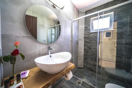 基萨莫斯Petronila Luxury Villa with heated private pool的一间带水槽和镜子的浴室