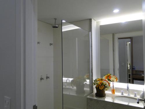 伊泰帕瓦Flat Itaipava - Granja Brasil的一间带镜子和水槽的浴室
