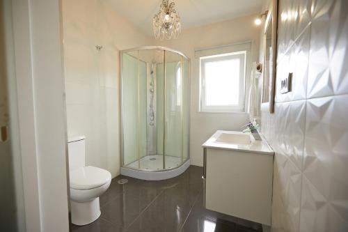 比韦罗Apartamento en Viveiro的带淋浴、卫生间和盥洗盆的浴室