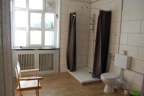 比尔弗登Oberzent-Hostelstyle nur für aktive Touristen的带淋浴和卫生间的浴室以及窗户。