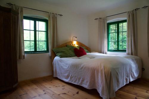 茵特斯托德STEYR RIVER LODGE的卧室配有白色床和2扇窗户