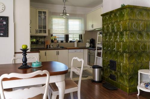 根尼斯迪亚斯Wéber Villa的厨房配有桌子和绿色的墙壁